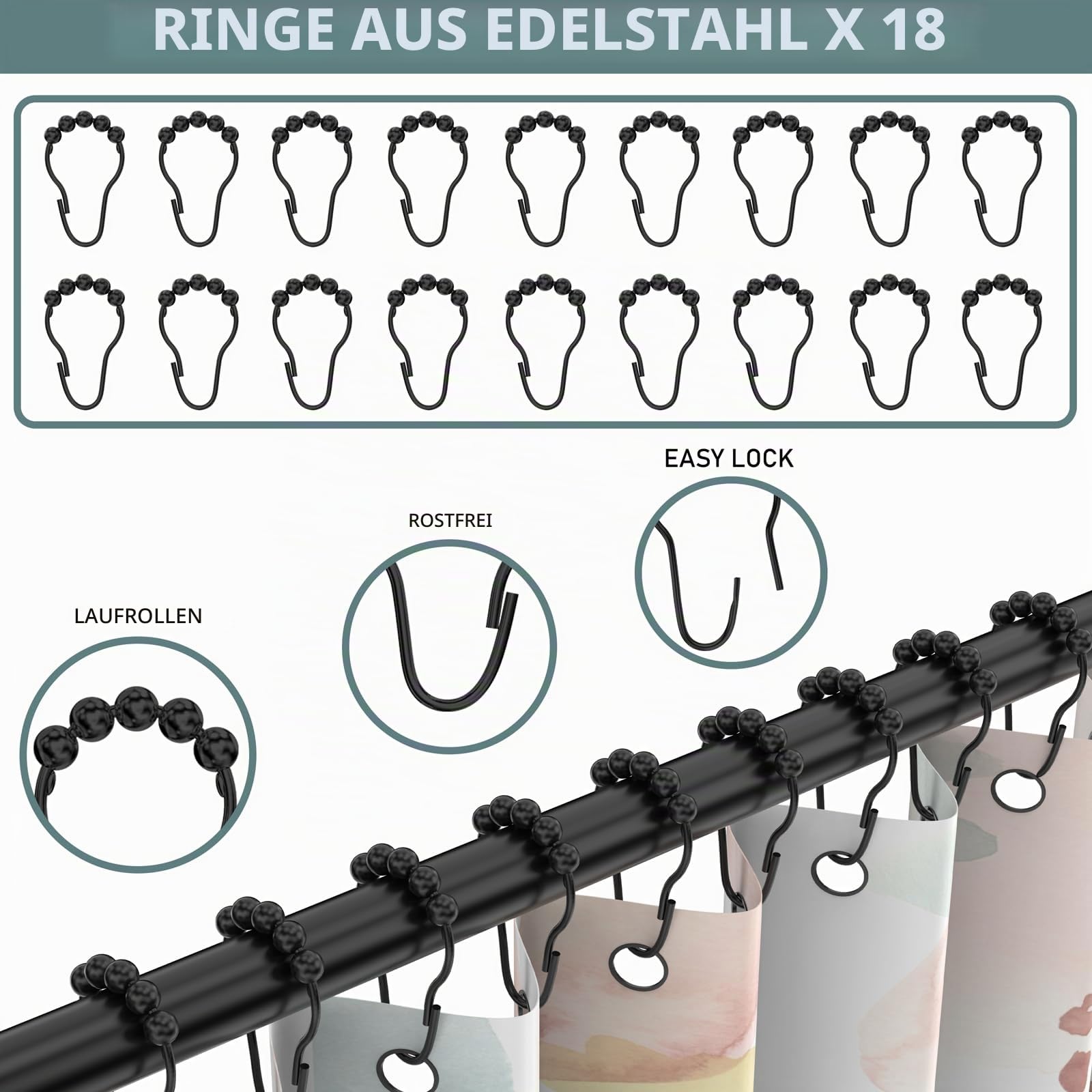 Duschvorhangstange L Form, inkl. 18 Ringe, Bohren Müssen, 90-120 × 90-120 cm, Erweiterbare Edelstahl Duschvorhangwinkelstangen ohne Deckenhalterungen, Rostfrei, für Badewanne & Dusche - Schwarz