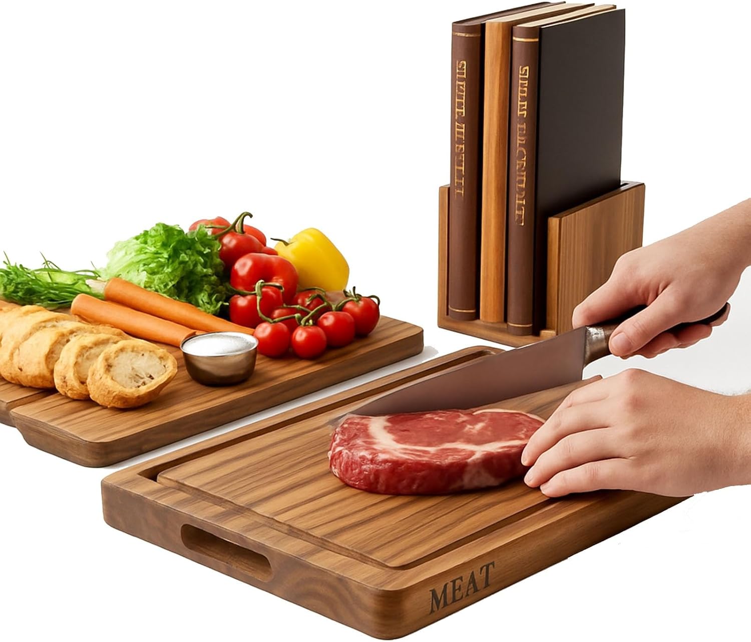 Acacia Wood Cutting Board For Kitchen, 3-Piece Book Shaped Chopping Set with Wooden Stand 13×9 Inch Lightweight Kitchen Cutting Boards for Fruit, Vegetables, Bread, Meat, Serving