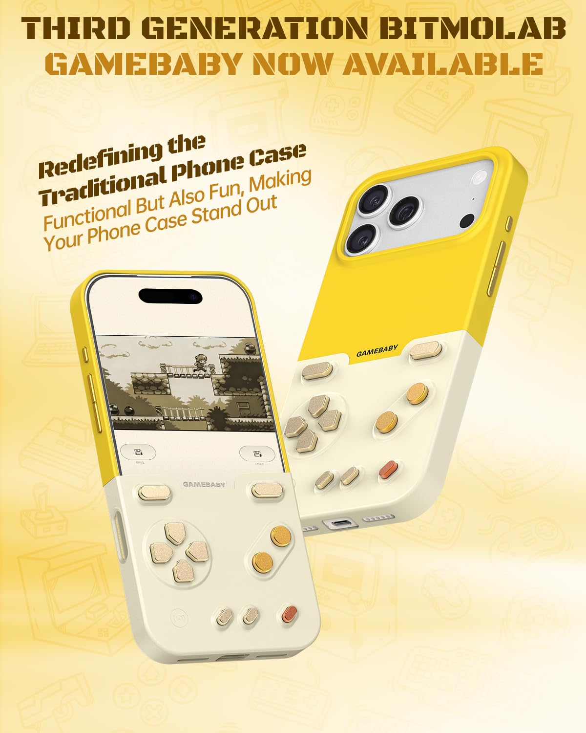 Gamebaby etui na telefon iPhone 17 Pro Max, innowacyjne etui na kontroler gier, etui na telefon komórkowy iPhone 17 Pro Max, do GBA, GBC, NES Handheld w stylu retro, żółte