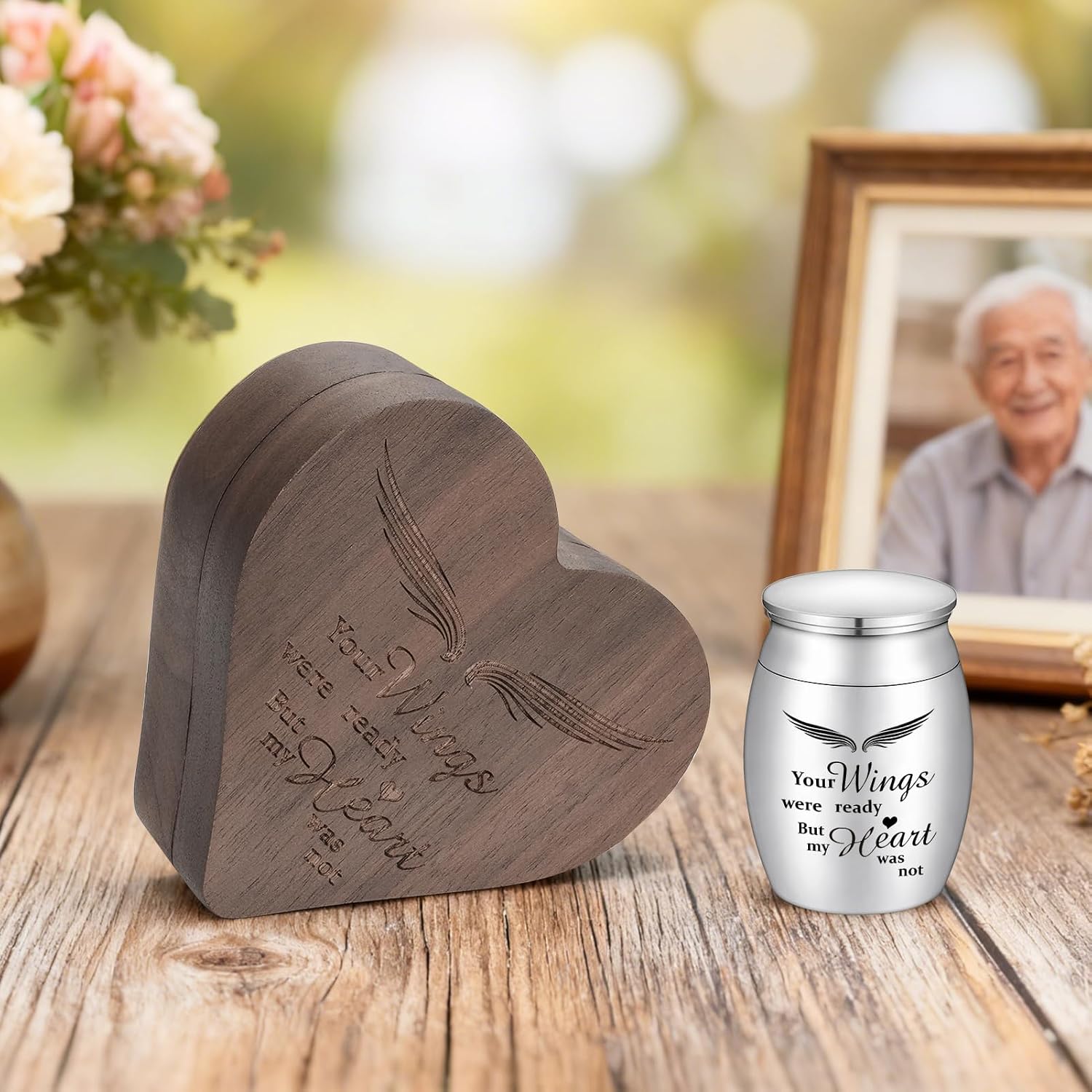 Dletay Angel Wing Small Urns for Human Ashes Heart Shaped Wooden Keepsake Box 1.57 Inches Mini Cremation Urns for Women Men Memorial Funeral Urn image 4