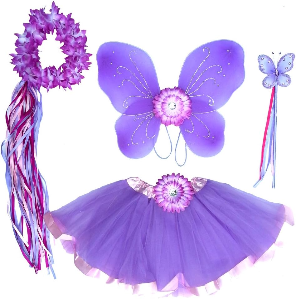 Enchantly Girls Lavender Fairy Costume - Wings, Wand, Halo and Flower Clip