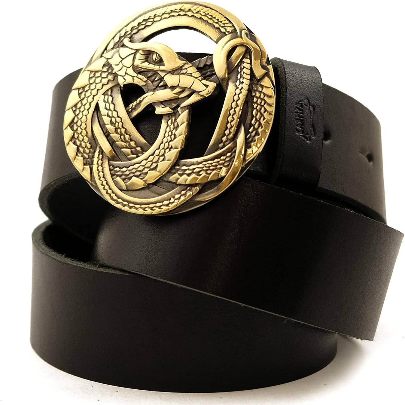 Leather belt with scandinavian buckle Ouroboros, World Serpent, Scandinavian, Nordic, Celtic, Norse dragon, solid brass belt buckle