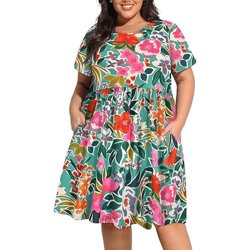 CARCOS Womens Plus Size Dresses Summer Short Sleeve Babydoll Dress Beach Casual Loose Mini Sundresses with Pocket XL-5XL