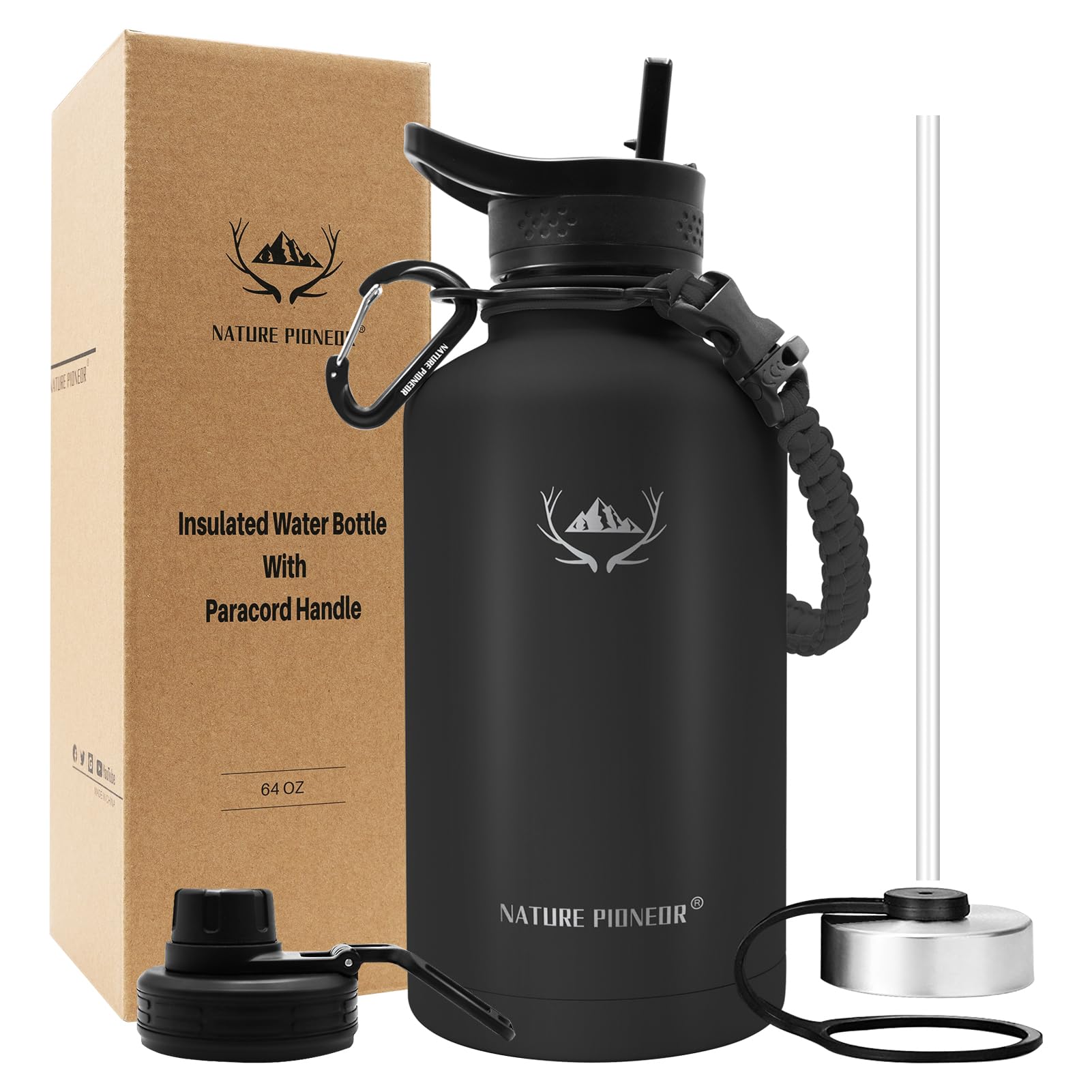 NATURE PIONEOR Insulated Water Bottles with Paracord Handle - 64 oz Vacuum Sports Wide Mouth Water Bottle with 3 Lids, Leak Proof Stainless Steel