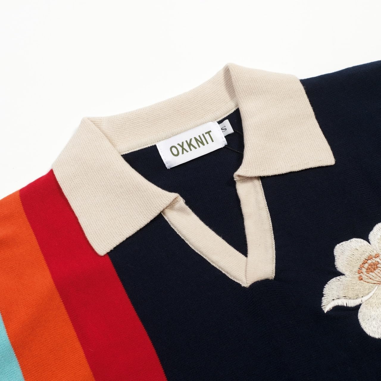 OXKNIT Men's Knit Short Sleeve Shirts Retro Embroidery Floral Pattern Knitted Polo Shirt Dark Blue V-Neck Polo Knitwear