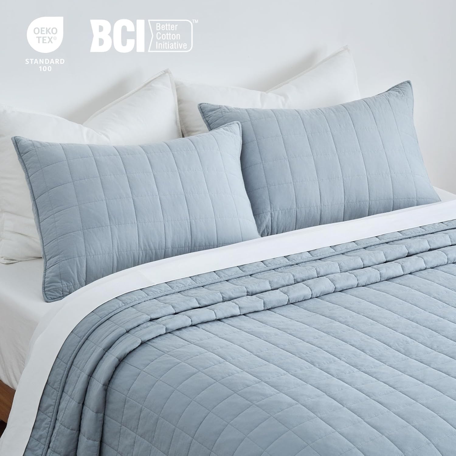 evergracehome 100% cotton box stitch quilt bedding set king size 3 pieces, garment-washed lightweight soft cozy coverlet, oversized quilted bedspread sets with 2 shams for all season, blue linen king (108” x 96”) blue linen