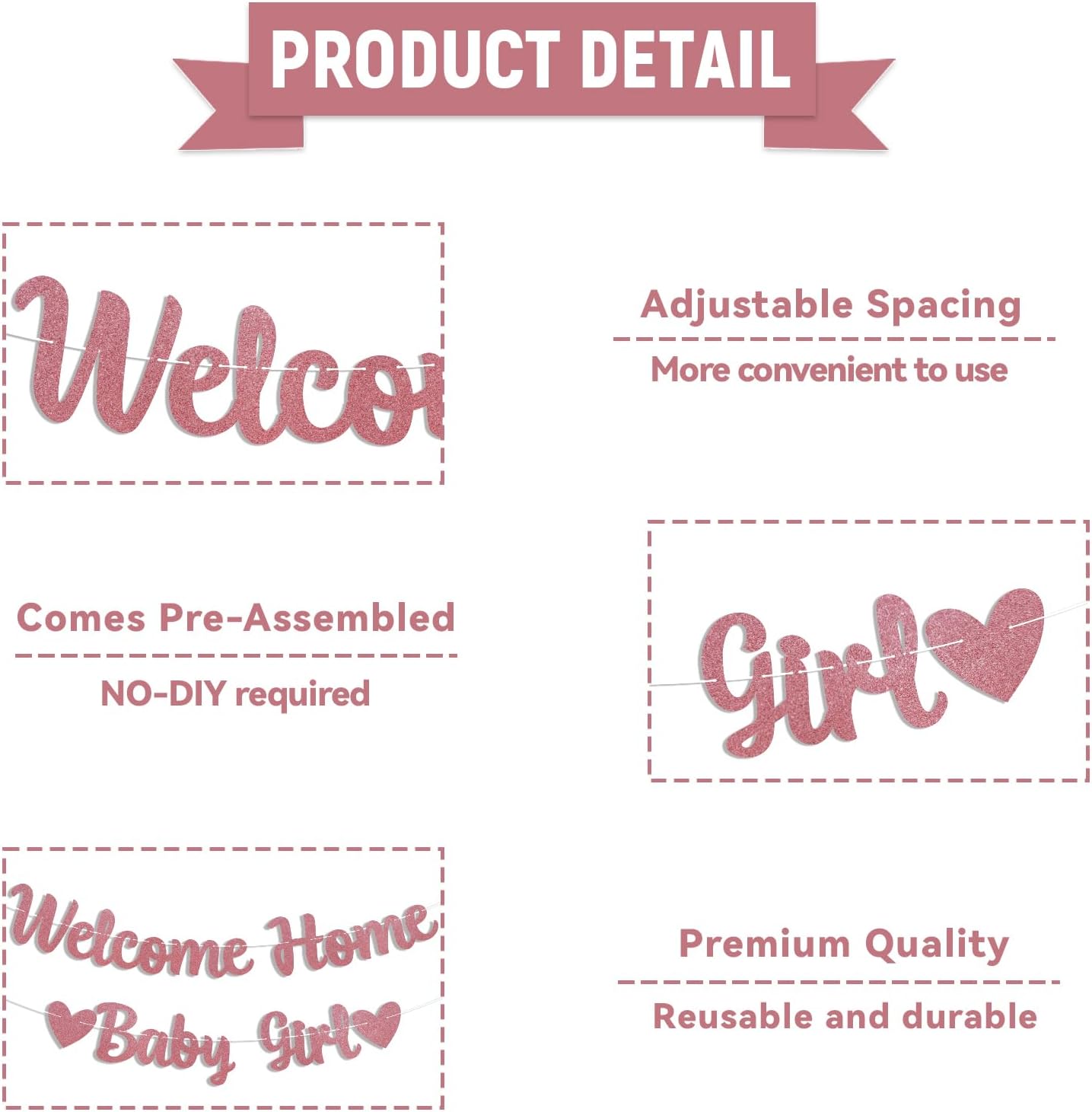Welcome Home Baby Girl Banner - Pink Baby Shower Decorations for Girl, Gender Reveal Baby Shower Inside Outside Decoration Rose Gold Glitter image 4