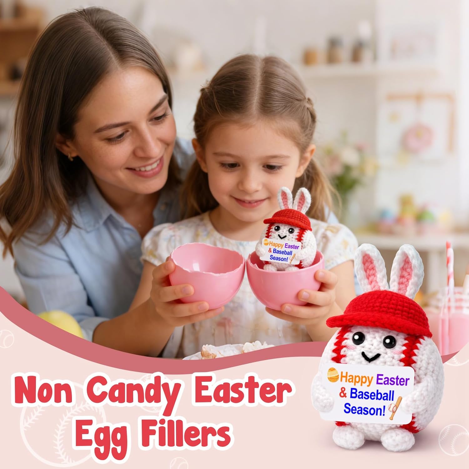 Easter Basket Stuffers for Teens Kids, Easter Gifts Crochet Baseball with Bunny Ears, Jesus Christian Non Candy Egg Fillers Toy for Boys & Girls 8-12, 6-8, Tweens 10-12 Year Old