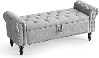 Furniliving 51” Bedroom Bench, End of Bed Bench with Button-Tufted Large Upholstered Storage Bench Ottoman Linen Window Benches with Storage Shoe Cabinet, for Bedroom, Entryway, Closet, Grey