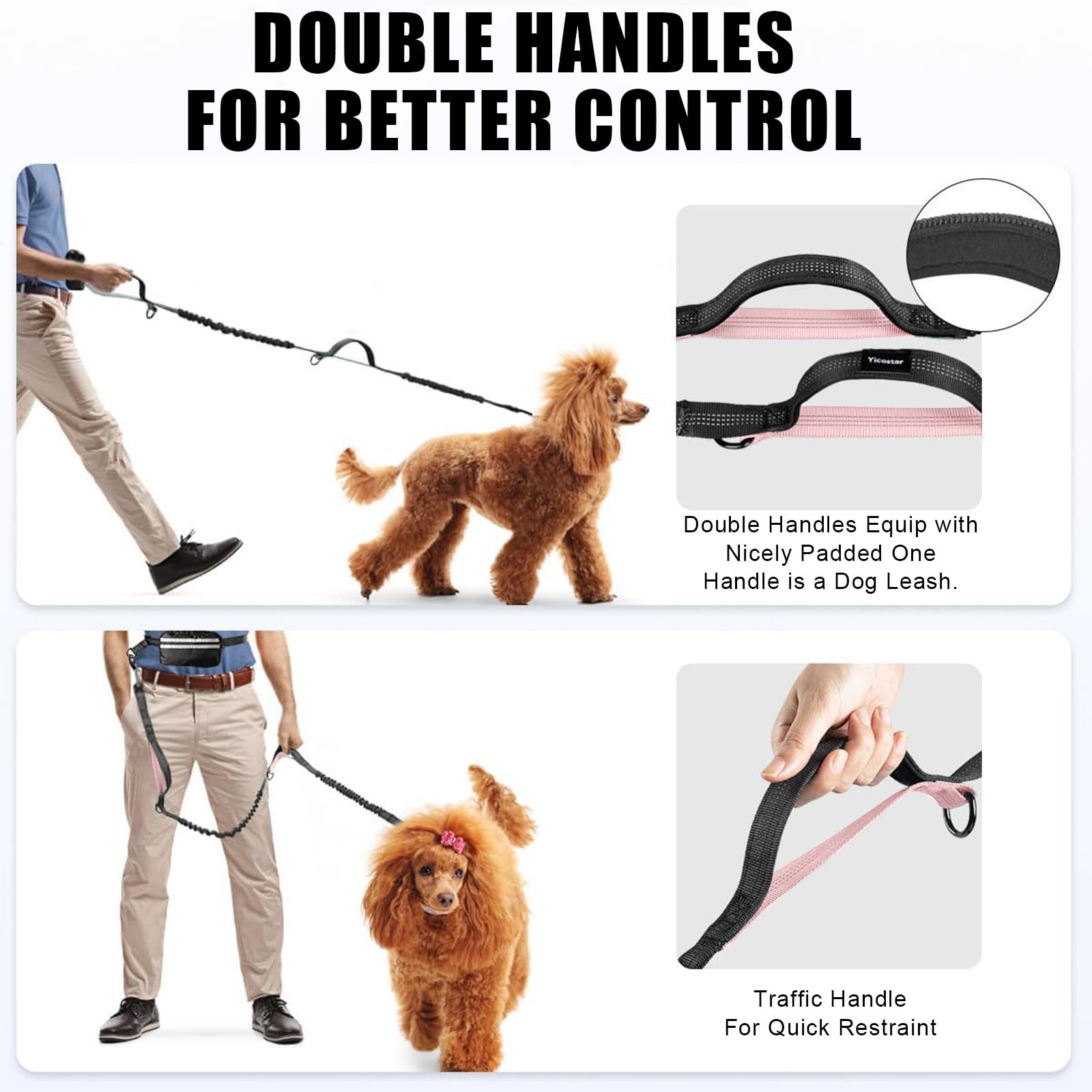 Risipu Guinzaglio per 2 cani a mani libere, cintura regolabile in vita con custodia e supporto per la vita, cuciture elastiche riflettenti per corsa, passeggiate, jogging (rosa)