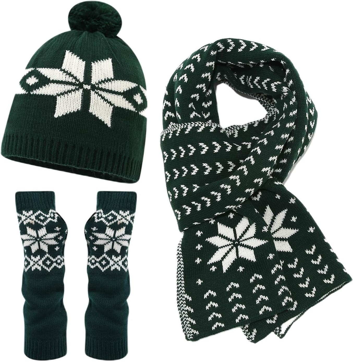 Snowflake Knit Set - Winter Hat Scarf Gloves Cold Protection Trio Unisex