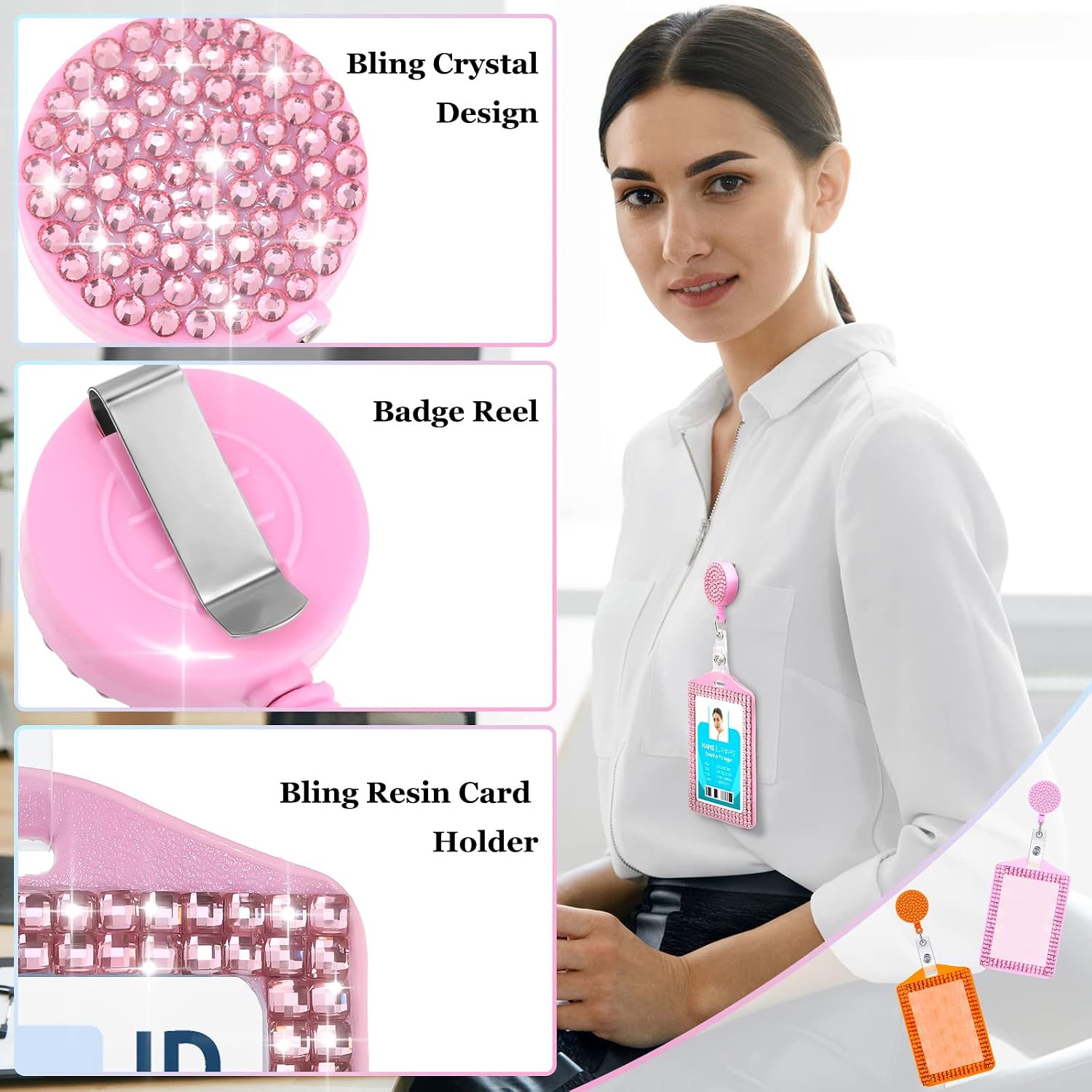 Spakon 8 Pieces Rhinestone Badge Holder Bling ID Card Crystal Cute Badge Holder Retractable Reel Clip Vertical ID Card for Office Business Home Nurses, 8 Colors(Vertical)