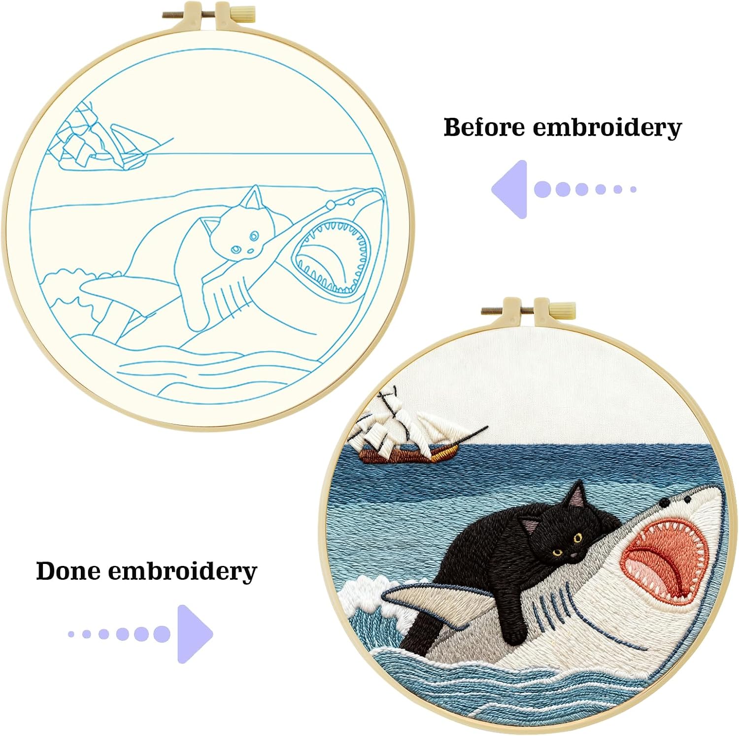 Black Cat Riding a Shark and a Sailboat Stamped Pattern Embroidery Kit for Beginners Adults Includes Cloth,Hoop,Color Threads,Needles and Instruction,Lover Hand Stitch with Embroidery Skill Techniques
