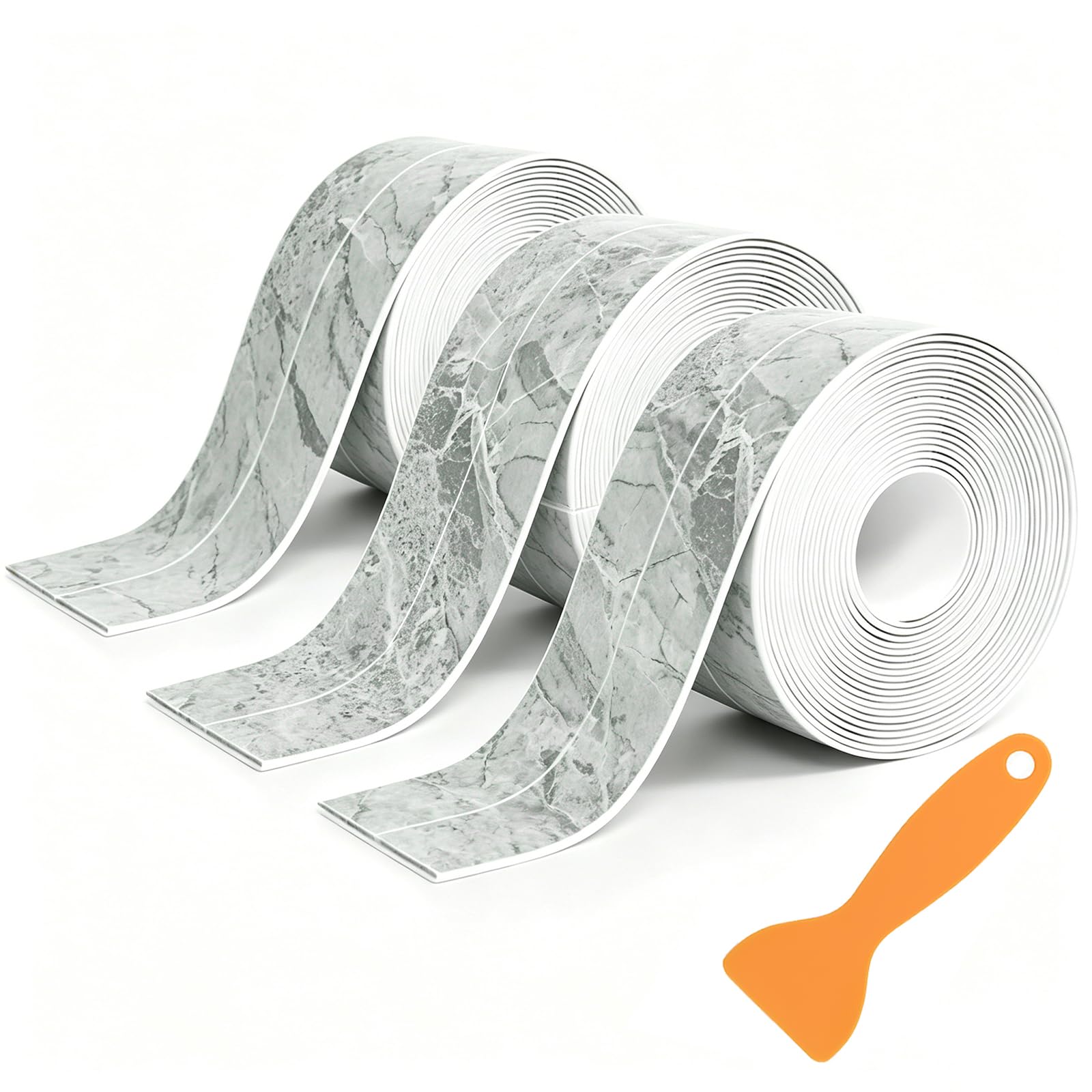 Bath Sealant Strip,3 Rolls Bathroom Sealant Tape,Waterproof Self Adhesive Caulk Strip for Kitchen, Sink,Toilet, Bathtub, Wall Corner, Shower with Sealing Tool,(Grey Marble Pattern)