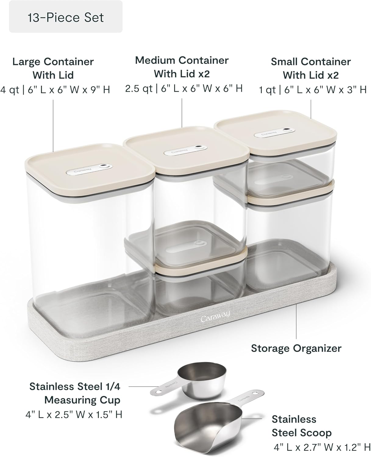 Caraway 13-Piece Glass Airtight Food Storage Containers with Lids – Non-Toxic, BPA-Free Kitchen Storage Containers – Stackable, Space-Saving Airtight Containers for Dry Goods and More - Cream