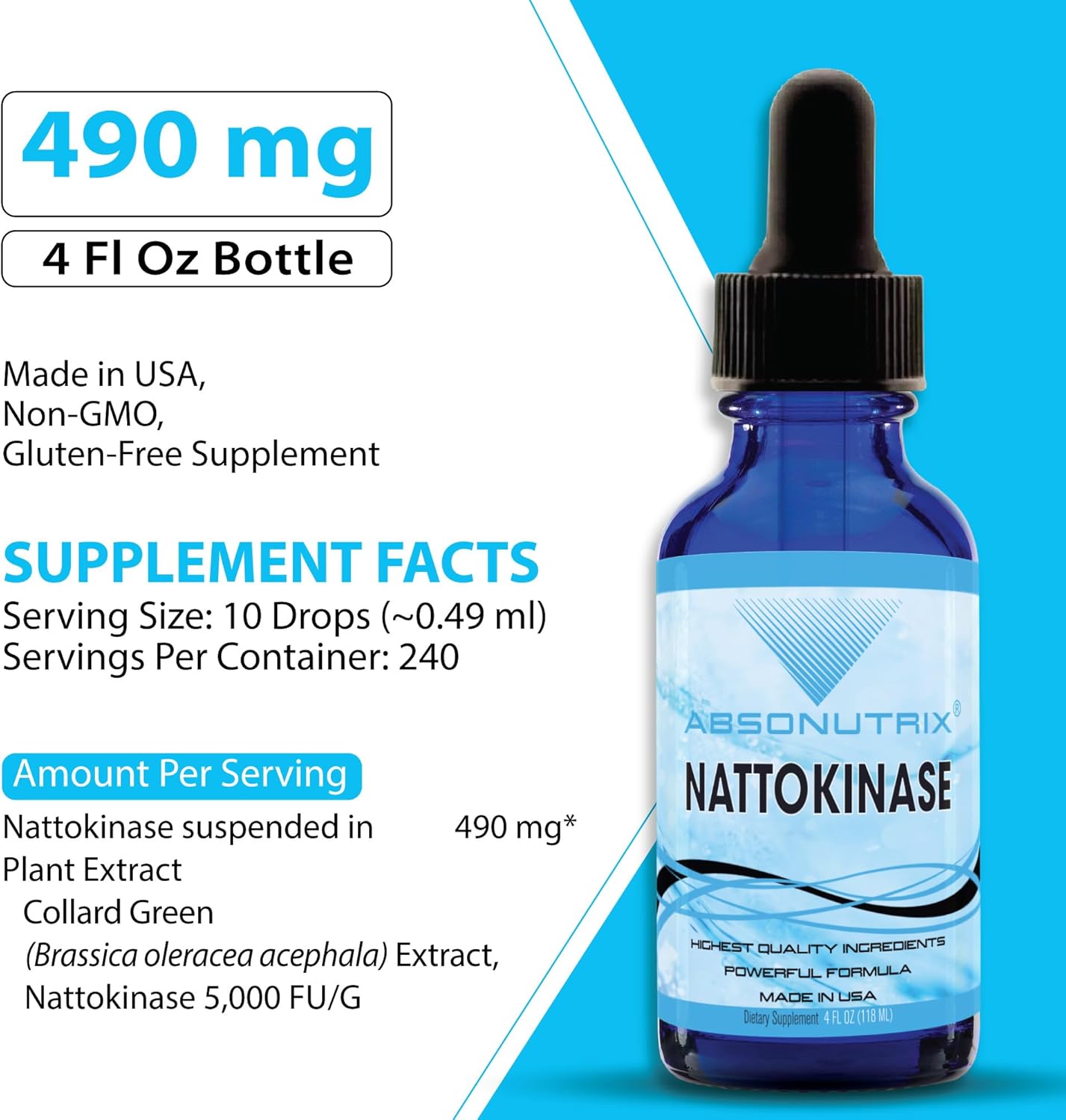 Absonutrix Nattokinase Supplement 490 mg, 4 Oz Liquid, 240 Servings-5000 Fu, Made in USA, Quick Absorption, Quality Potent Ingredients, Non-GMO, GMP Certified Facility, Cruelty-Free Products