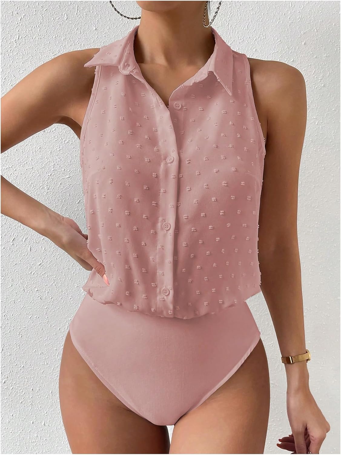 MAKEMECHIC Women's Dressy Bodysuit Shirt Collared Swiss Dots Sleeveless Button Down Tank Tops - Image 4