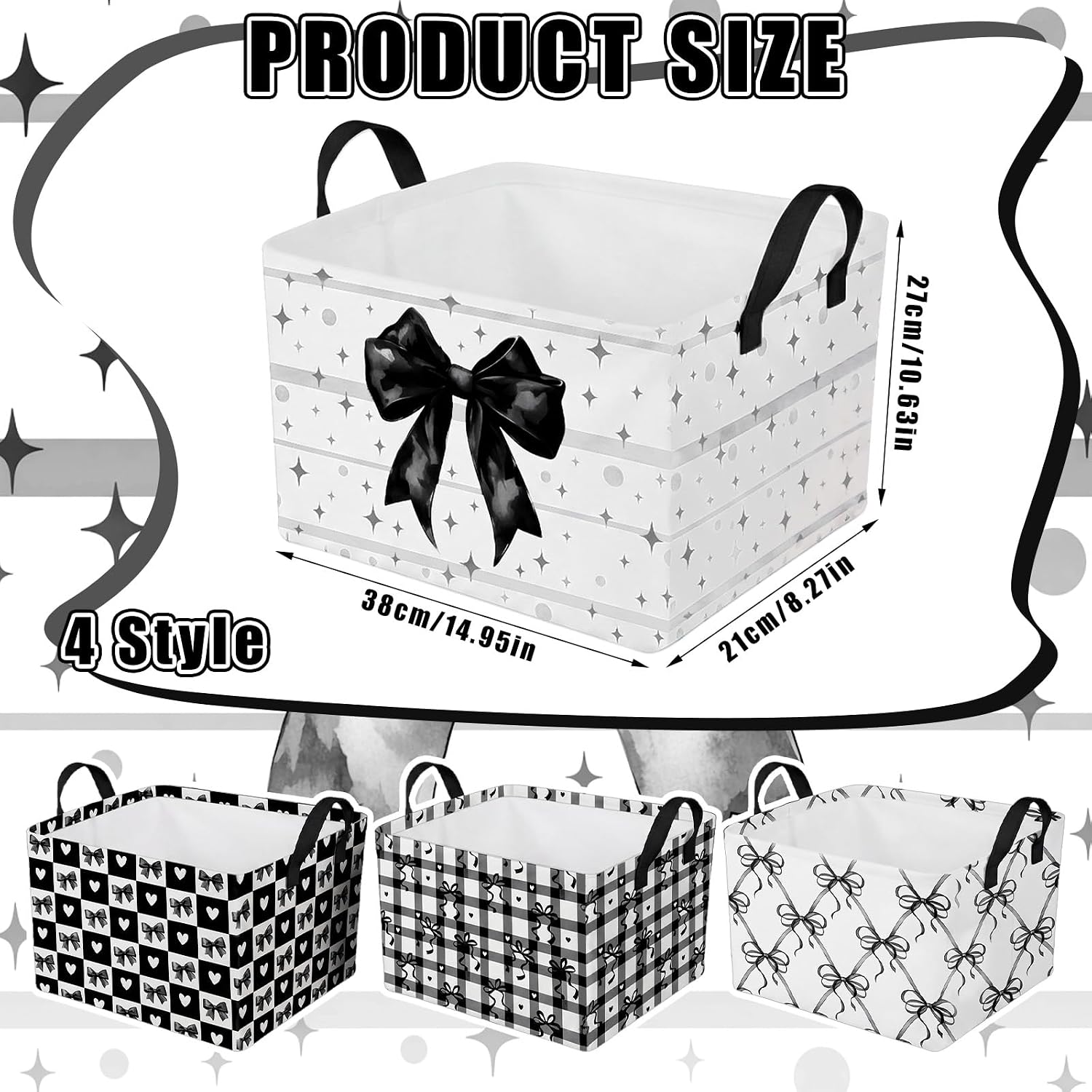 4 Pcs Coquette Black Bow Storage Basket for Gifts Dark Preppy Girly Collapsible Fabric Storage Bins with Handle Foldable Laundry Organizer for Home Bedrooms Baby Clothes Toys Books