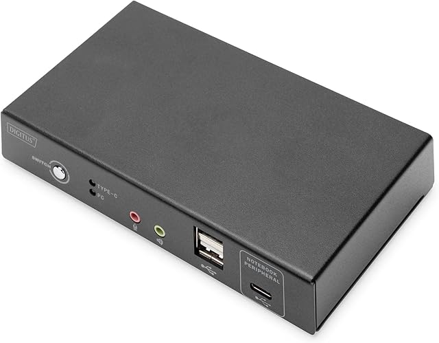 DIGITUS KVM Switch HDMI  USB-C do podłączenia notebooka  2-portowy pojedynczy wyświetlacz  2 komputery 1 monitor  1 mysz, klawiatura i dźwięk dla 2 komputerów  port LAN RJ45 i USB-C  Czarny
