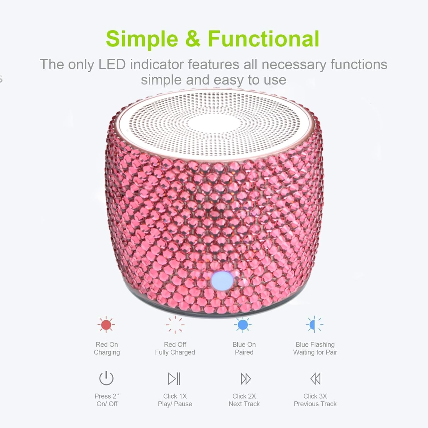 Luxury Bling Rhinestone Crystal Portable Bluetooth Speakers, Wireless IP67 Waterproof Mini Speaker with Loud Stereo Sound, Rechargeable Battery, Built-in Microphone, for Women Girls Gift - Pink