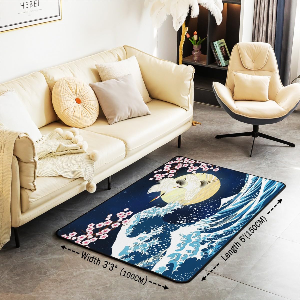 Homemissing Tapis décoratif à motif de vagues japonaises pour enfants, garçons, filles, adolescents, motif Hokusai, décoration d'intérieur, salon, tapis de sol d'intérieur de style japonais, 100 x 150