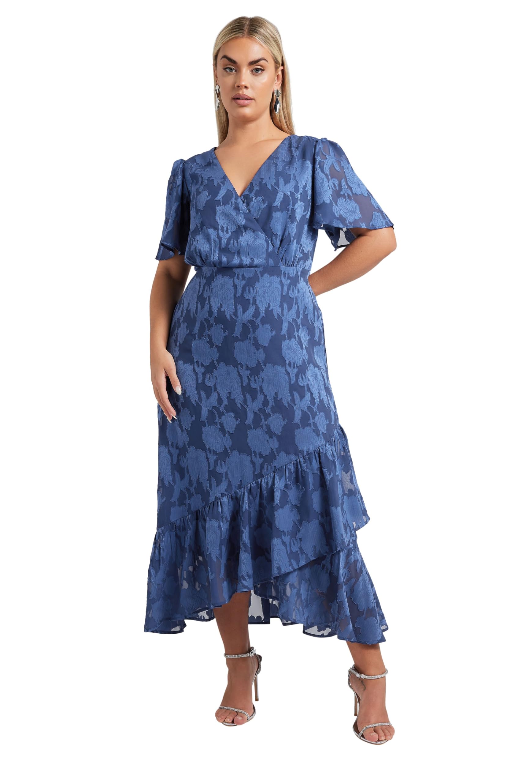 Yours Women's Navy London Curve Blue Jacquard Floral Wrap Ruffle Dress - Plus Curve 20 Plus