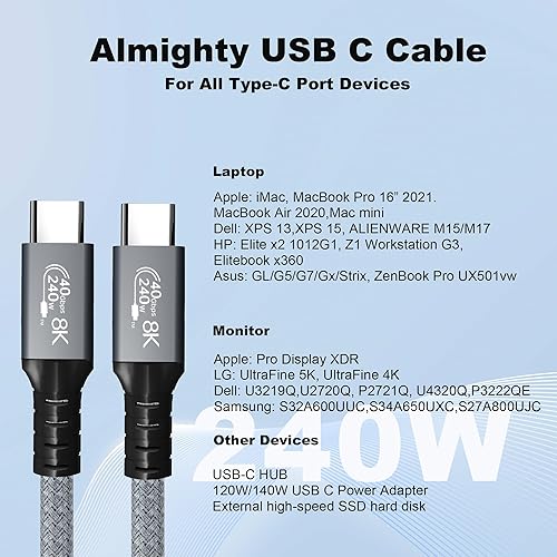 Miniatura 5 de LanSenSu Cable USB 4 de 240 W, transmisión de datos de 3.3 pies y 40 GBps, carga súper rápida PD de 240 W (48 V5A), extensión HD de 8K a 60 Hz para