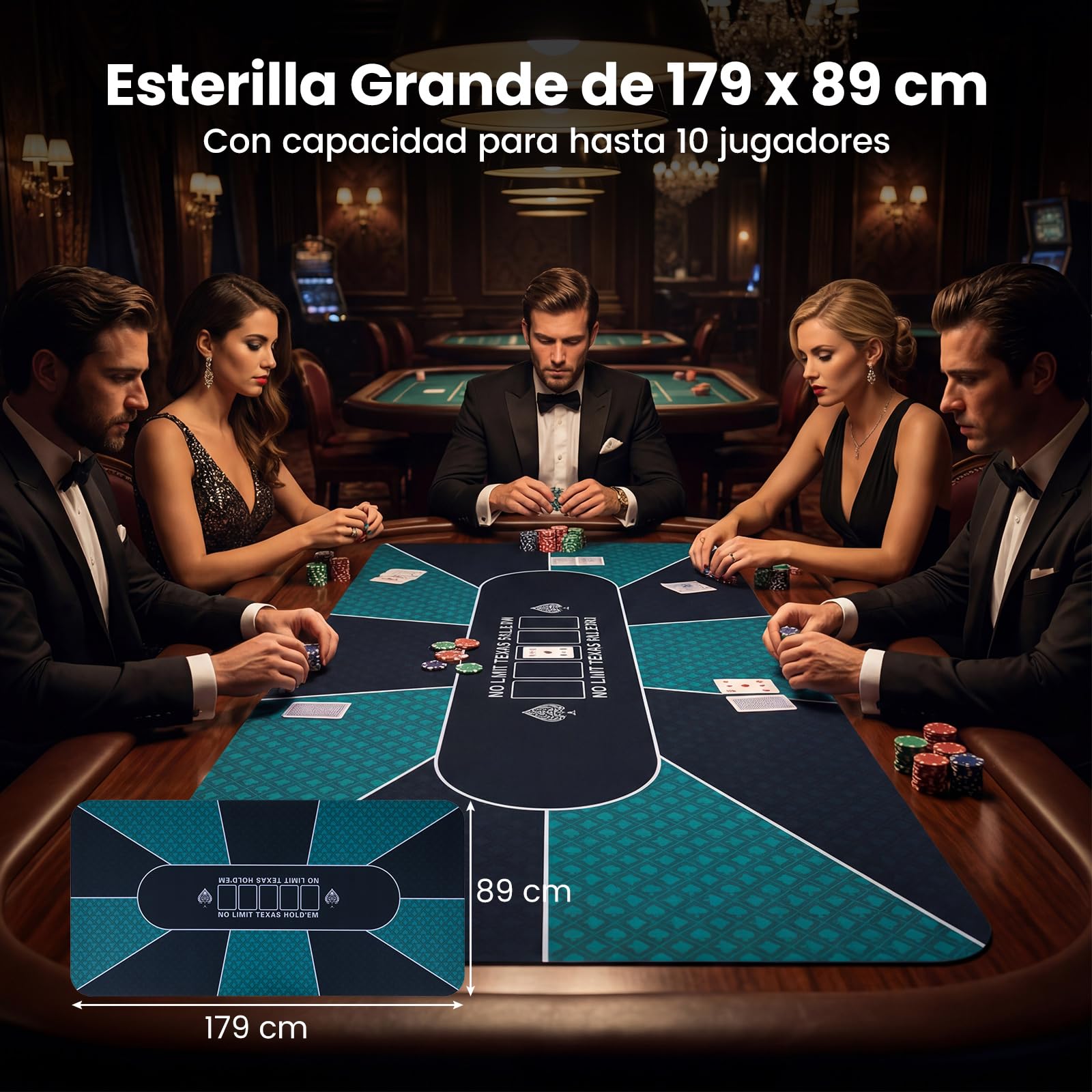 COSTWAY Alfombra de Póquer Texas Hold'em 179x89 cm, Repelente al Agua, Antideslizante, para 10 Jugadores