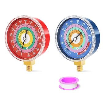 Refrigeration Pressure Gauge, 30inHg-0-250psi Blue & 0-800 Psi Red, 2-3/4" Dial, 1/8NPT Hex Bushing, Lower Mount, Adjustable Pointer, for Air Conditioners, R-404A, R-410A, R-22, Degree F