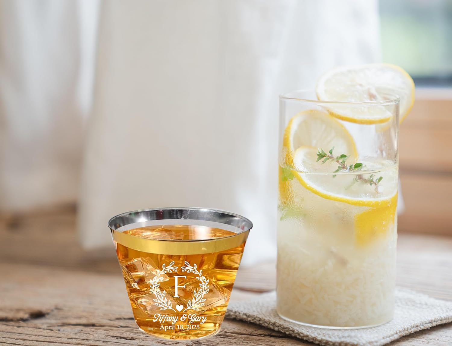 Personalized Elegant Monogram 9oz Gold or Silver Rimmed Clear Plastic Cups for Wedding, Anniversary, Engagement Party or Any Dinner Party Favors. Simple and Luxurious with the ease of disposable, BPA-