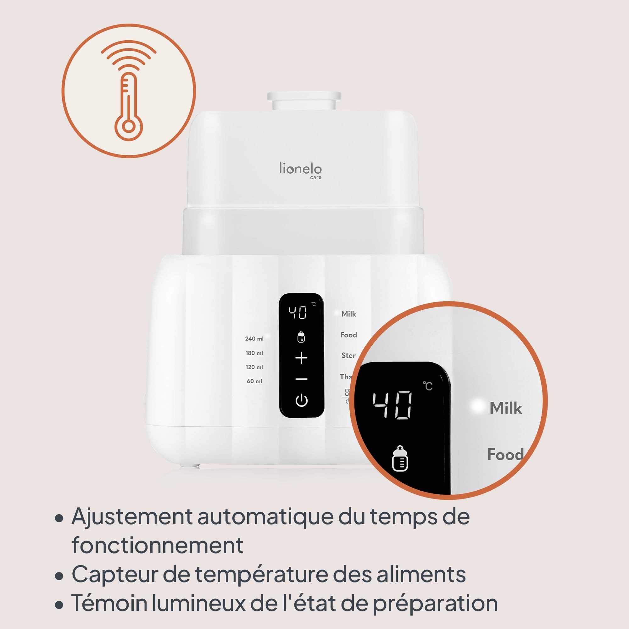 Lionelo Thermup Duo Chauffe-Biberon 6 en 1, 2 Biberons Simultanément | Stérilise, décongèle, chauffe lait et petits pots, écran tactile, capteur NTC, arrêt auto, anti-surchauffe, Blanc