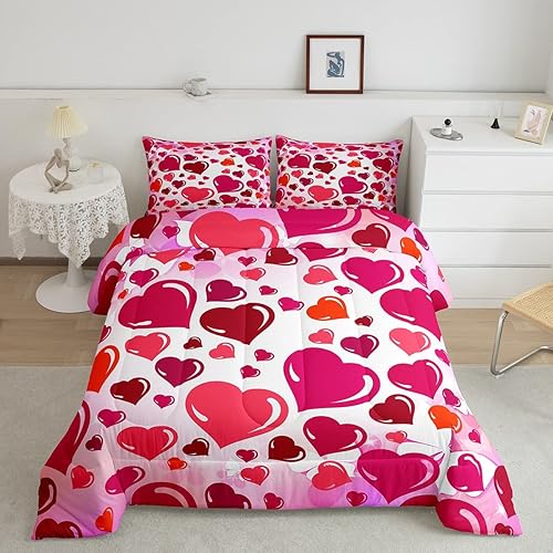 Erosebridal Juego de edredón de matrimonio para parejas, diseño de corazón de San Valentín, juego de ropa de cama con corazones de amor rojo y rosa