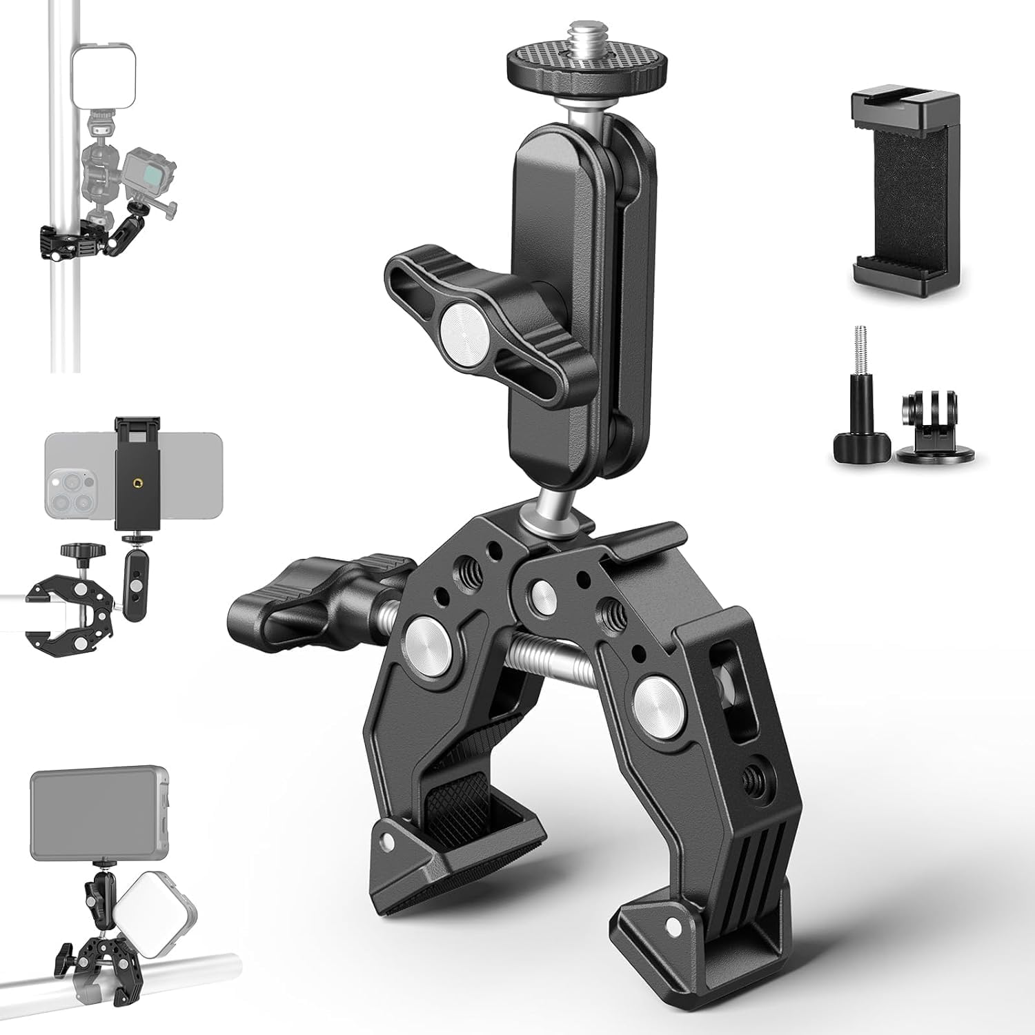 - Action Camera Mount, Insta 360 Bike,Super Clamp Mount with 1/4''&3/8'' Screw,360° Double Ballhead Magic Arm with Mobile Holder and Adapter for Gopro, Insta 360 and All Mobile Phones