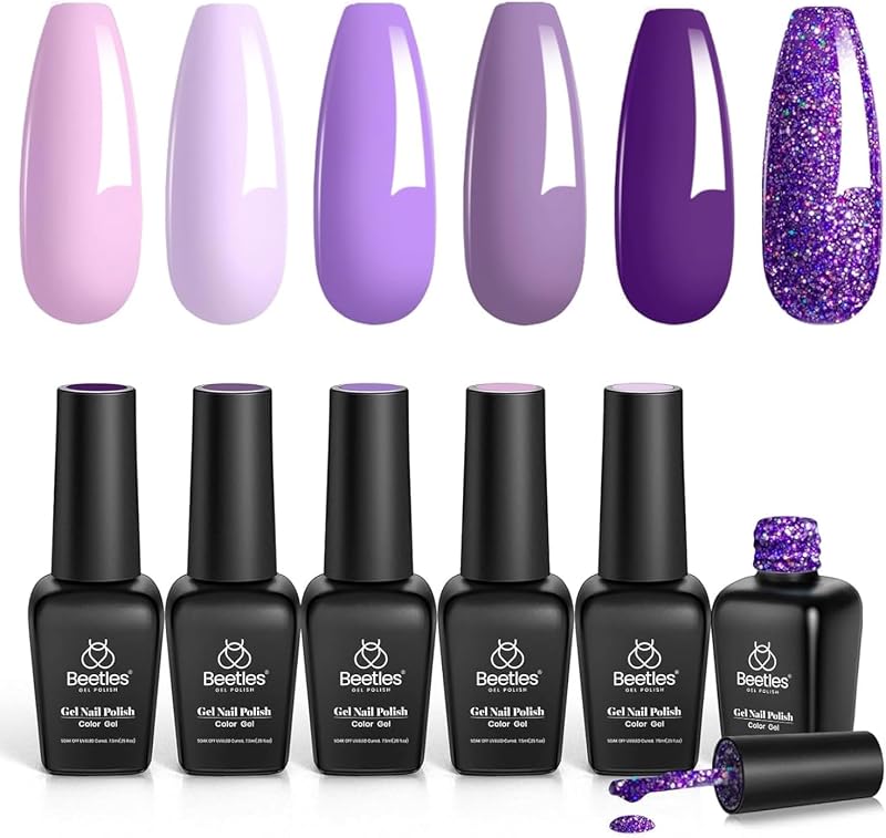 Beetles Purple Gel Nail Polish Set, Lavender Lilac Glitter Gel Polish | 6 Color Collection Featuring Purple Grape & Lavender Shades with Sparkle Glitter Finish, Soak-Off UV LED Formula for Nail Art