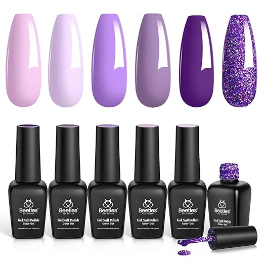 Beetles Gel Nail Polish Kit- 6 Colors Gel Polish Set Purple Glitter Nail Polish Soak Off LED Gel Nail Kit Nail Art Manicure Gifts for Women Girlfriend