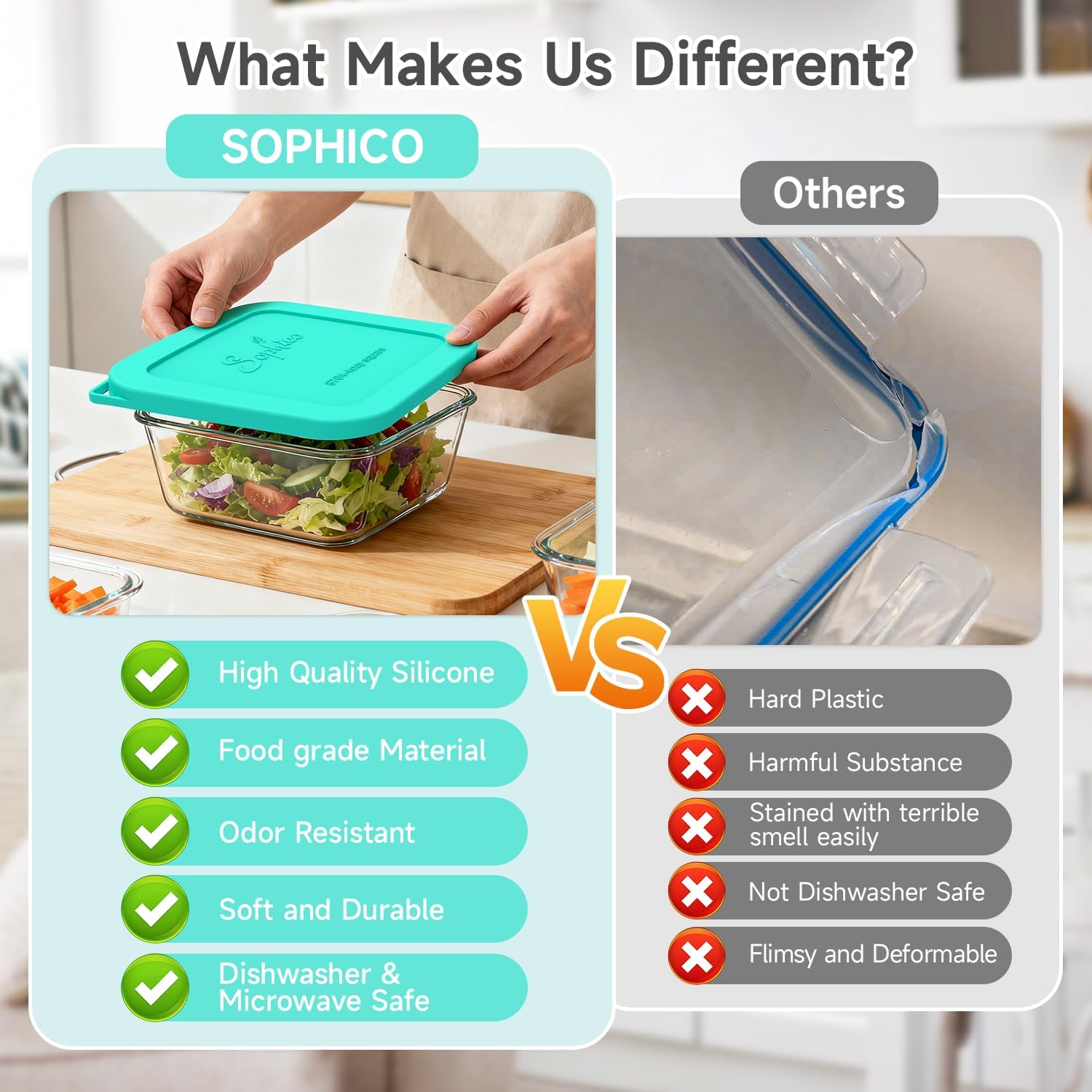 Sophico Silicone Storage Cover Lids Replacement for Pyrex Freshlock and SNAPWARE 4CUP Square Glass Bowls Containers Set(8704), Airtight & Leakproof Lids, Freezer Dishwasher Microwave Safe 5 Pack - Image 3