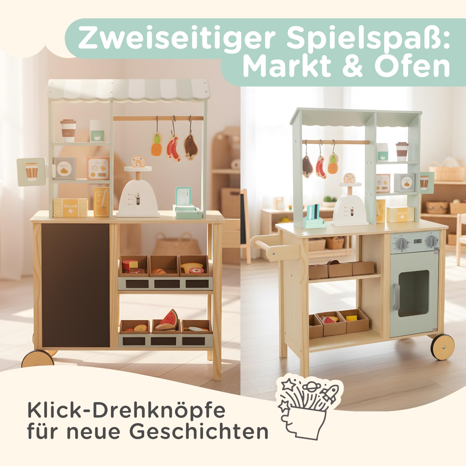 Nene Toys Kaufladen aus Holz – All-in-One Marktstand Supermarkt für Kinder mit Kasse, Waage, Kreidetafel, Hängestange, Fächern & Rollen – Wendeseite mit Ofen – Geschenkidee ab 3 Jahren – FSC-Holz
