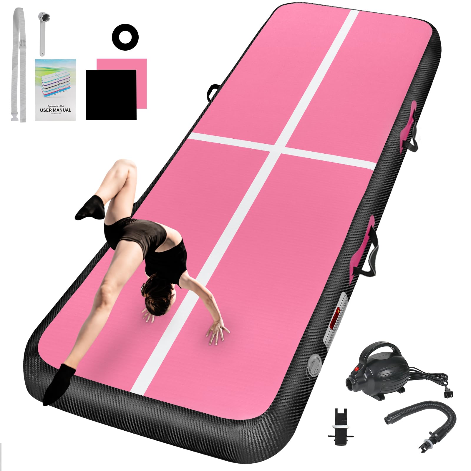 Inflatable Gymnastics Mat 10ft/13ft/16ft/20ft/ Air Tumbling Track Mats 4/8 inches Thick for Home Use/Training/Cheerleading/Yoga/Water with Pump