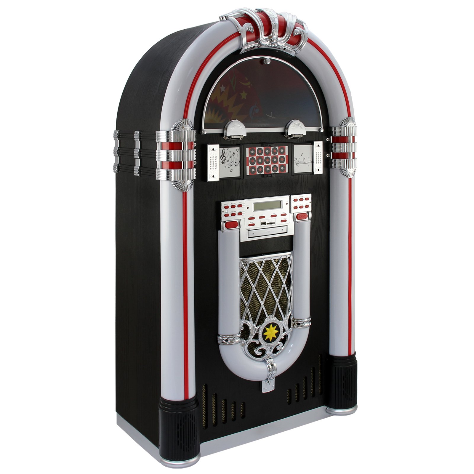 Monstershop Jukebox Holz-Gehäuse Retro 50er Jahre Musikbox mit Schallplattenspieler USB-SD-Slot, AUX, MP3 Player CD-Player Bluetooth Radio mit LED-Beleuchtung Fernbedienung 38cm x 64cm x 127cm