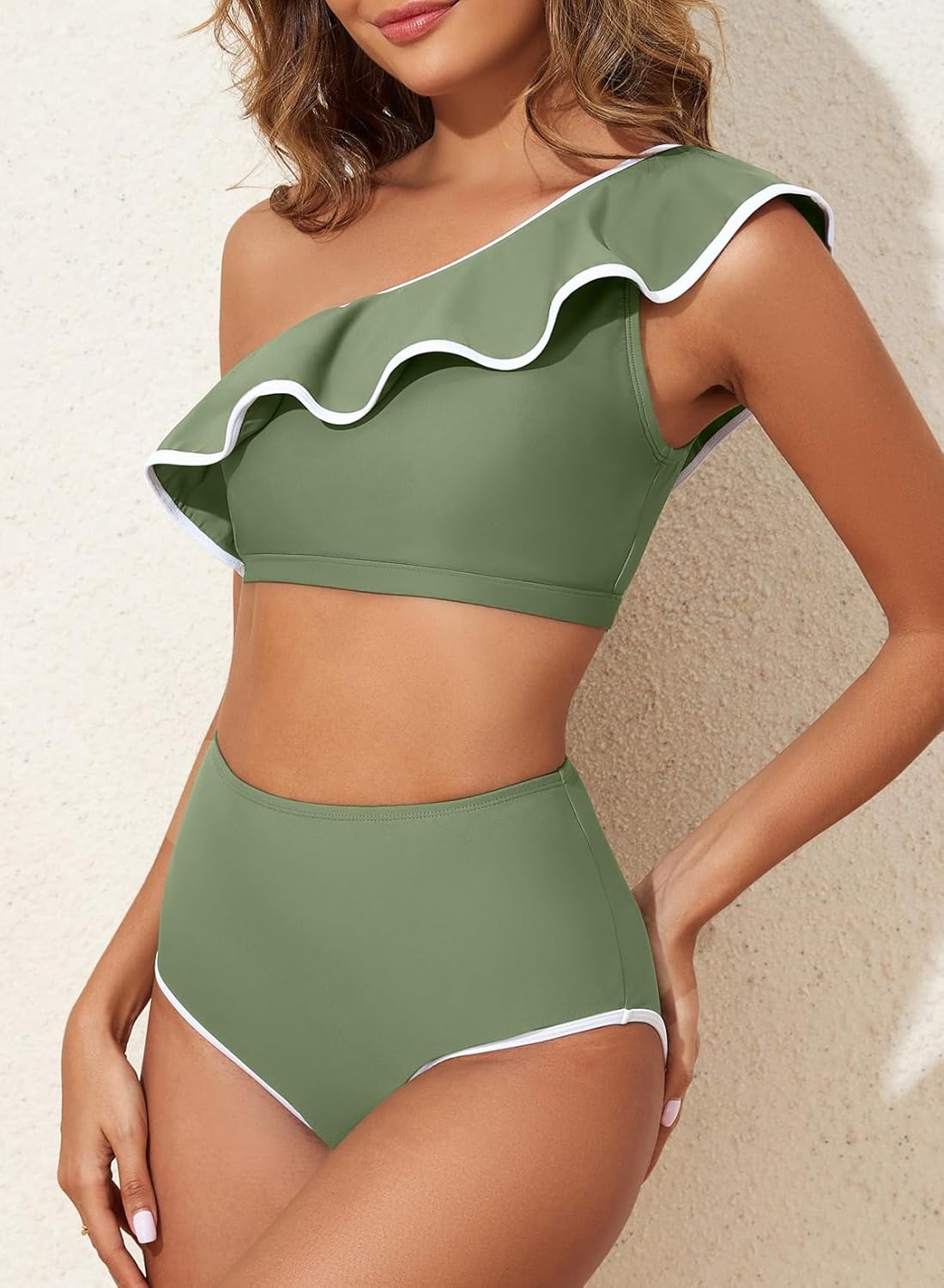 Herseas Women's One Shoulder Bikini Sets Color Block Trim Ruffle Hem Swimsuits Elegant Bathing Suits - Image 2