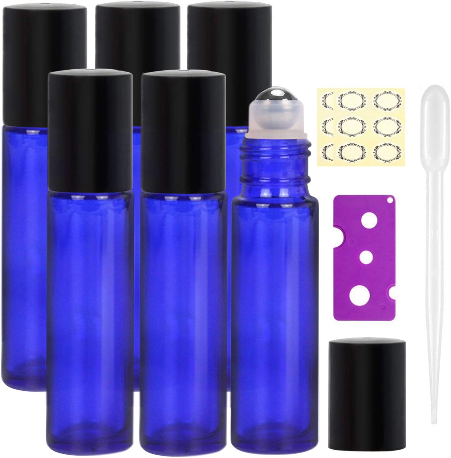 Essential Oil Roller Bottles - 6Pcs, 10ml Refillable Cobalt Blue Glass Roll on Bottles with Black Lids, 12 Pcs Labels, Dropper & Opener Included - Perfect for Fragrance, Aromatherapy