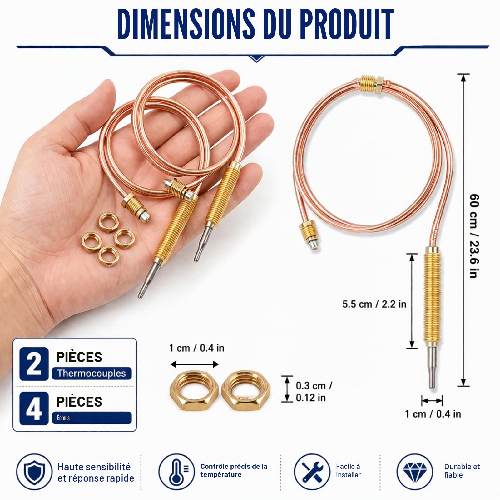 Thermocouple à Gaz Universel M8, Sonde de Chauffage pour Brûleur à Gaz, 600mm, Pièces de Rechange pour Chauffage Extérieur, Écrous de Connexion, Accessoires pour Cheminée et Barbecue (2 pièces)