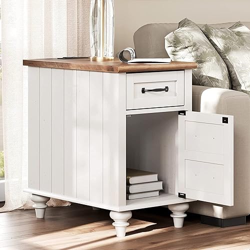 Miniatura 5 de WAMPAT Paquete de 2 mesas auxiliares de granja con estación de carga, mesa auxiliar blanca con cajón y armario de almacenamiento, mesita de noche