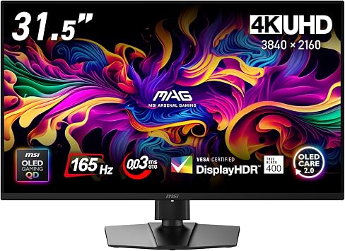 MSI QD-OLED Gaming Monitor MAG 322UP QD-OLED E16 31.5 inches/4K UHD/QD-OLED Panel/165Hz/0.03ms GTG/Hardware Blue Light Cut/DisplayHDR True Black 400/AI Vision/HDMI 2.1/DP 1.4a/USB