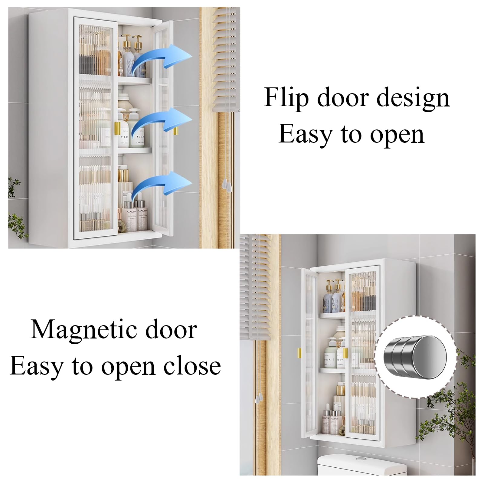 mobiletto del Bagno,Pensile a Doppia Anta con Ripiani Regolabili Pensile da Bagno sopra Il WC per Cucina, Sala da Pranzo, Bagno, Soggiorno, Porta dell'armadietto Magnetica, Non c'è Bisogno d