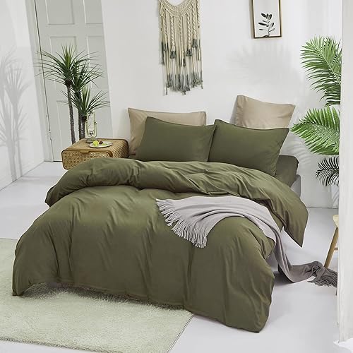 Miniatura 3 de Cottonight - Juego de edredón de 3 piezas, moderno, suave, transpirable, unisex, tamaño California King, verde militar, oliva u oscuro