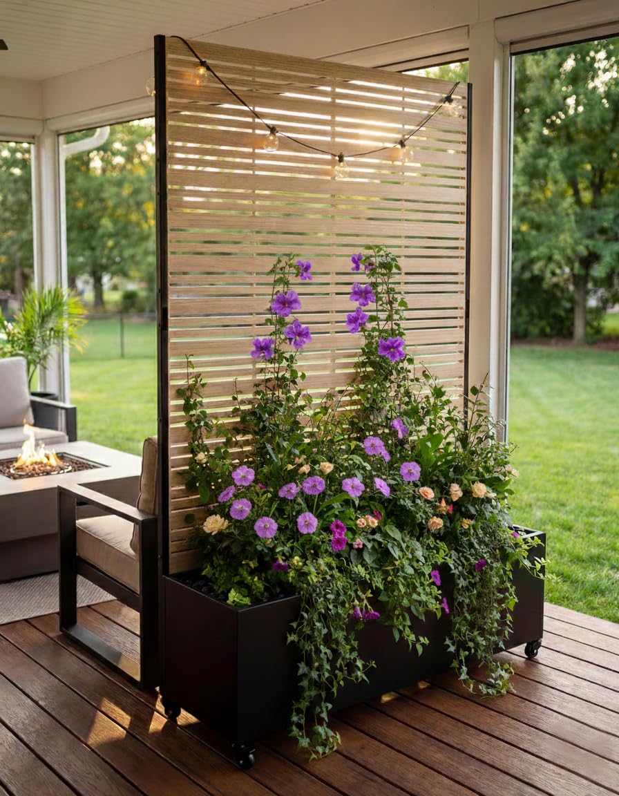 Hochbeet mit Sichtschutz, Metall Pflanzkasten mit Rankgitter und Rollen, freistehender Pflanzkübel 33cm tief, wetterfest für Blumen und Kletterpflanzen - Ideal für Garten, Balkon und Terrasse