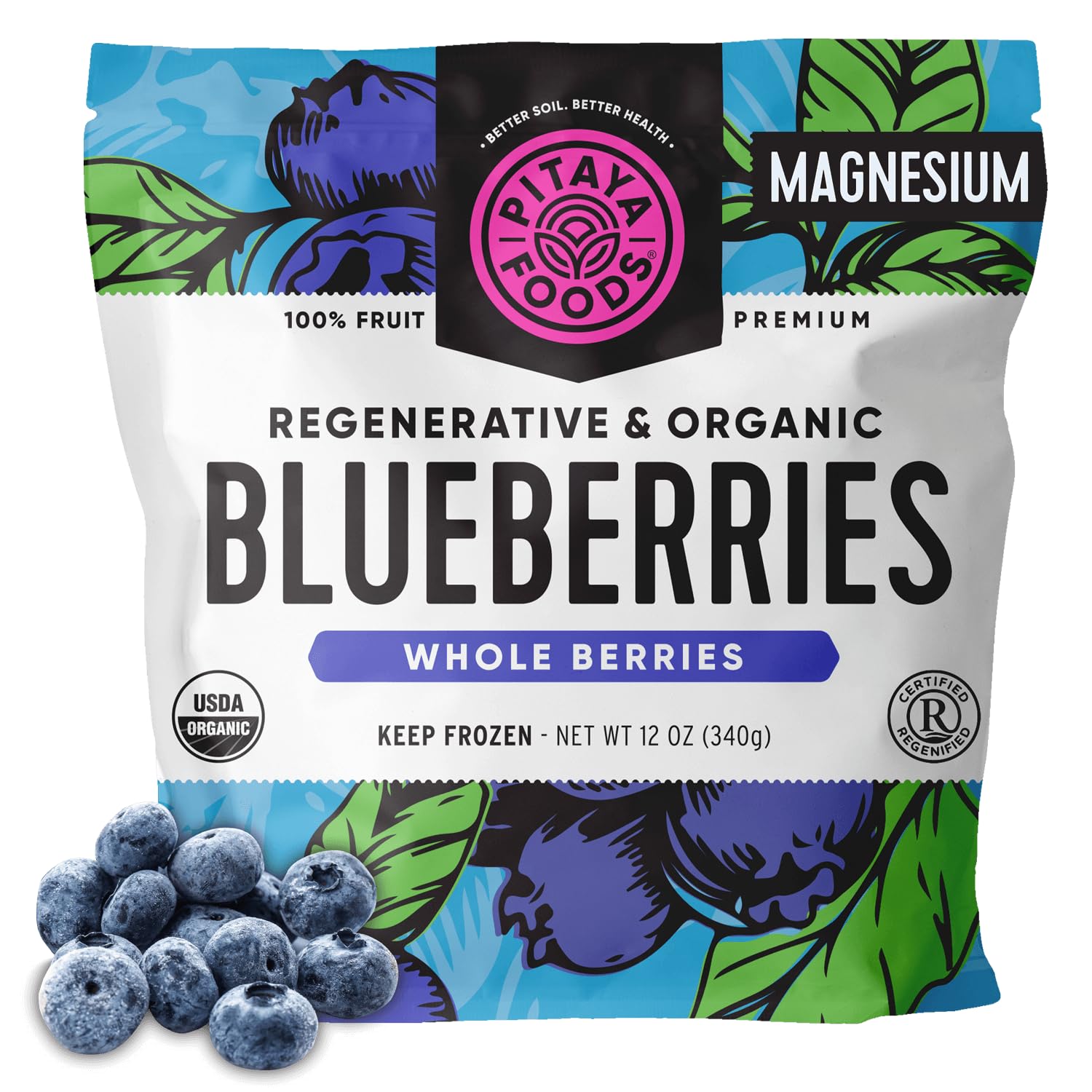 Pitaya Foods® Regenerative Organic Blueberries Whole Berries, Pre-Packaged Frozen Fruit, No Added Sugar or Preservatives, Good Source of Fiber, Antioxidants, & Manganese, 100% Fruit, Non-GMO (12 oz Per Bag)