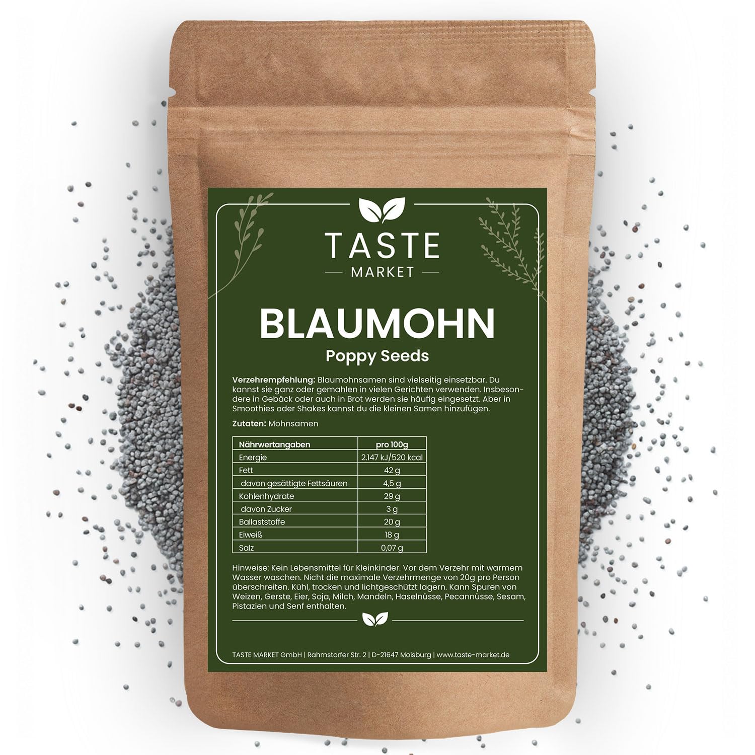 10 kg Blaumohn | ganze Mohnsamen | Ideal zum Backen | 100% naturbelassen | Taste Market