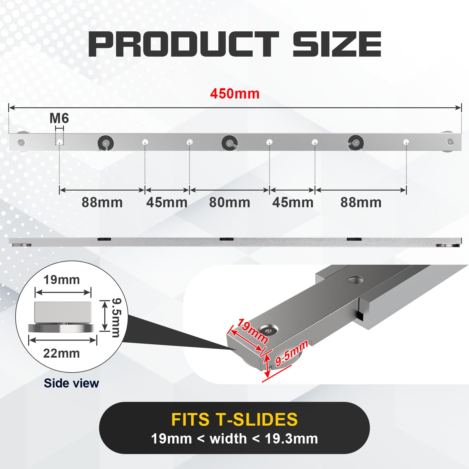 EFUTURETIME 2 x Mitre Bar in Lega di Alluminio, 9,5 x 19 x 450 mm, Barra T-Slot, Guida per Troncatrice in Alluminio per Seghe da Banco, Trapani da Banco, Seghe a Nastro, Falegnameria